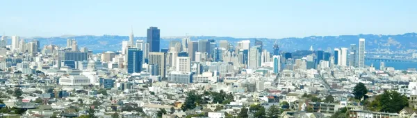 The San Francisco skyline on a clear afternoon, seen from the city's residential hills