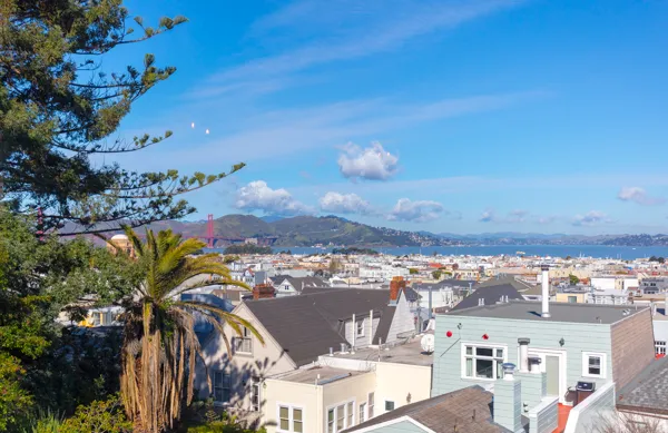 Rooflines and palm trees with the Golden Gate Bridge and the Marin headlands beyond